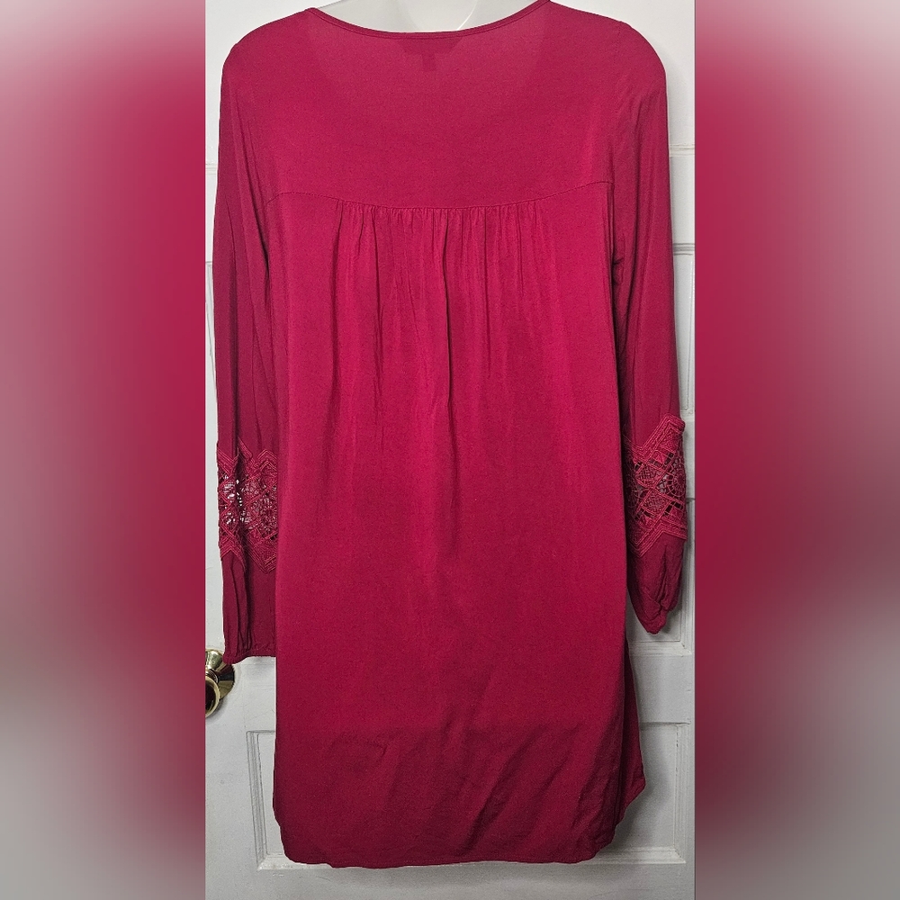 Express Raspberry Red Embroidered Chest W/Tassel Drawstring Shift Dress Sz XS - Picture 7 of 10